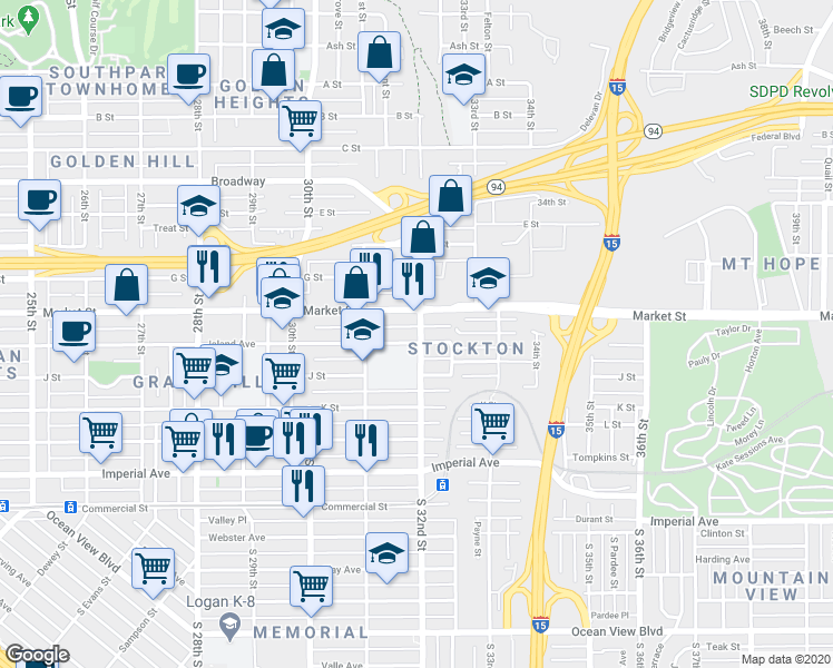 map of restaurants, bars, coffee shops, grocery stores, and more near 3162 Island Avenue in San Diego