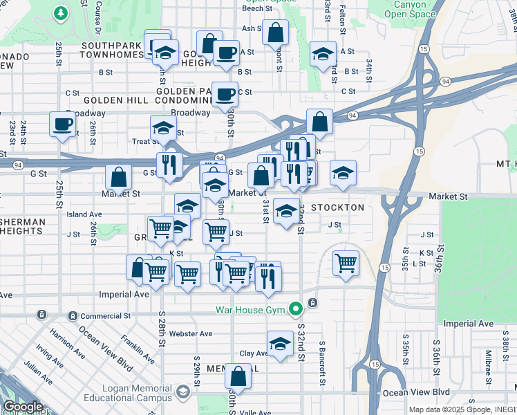 map of restaurants, bars, coffee shops, grocery stores, and more near 440 31st Street in San Diego