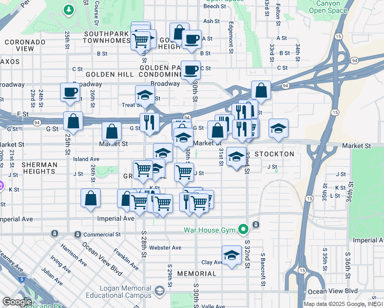map of restaurants, bars, coffee shops, grocery stores, and more near 446 30th Street in San Diego