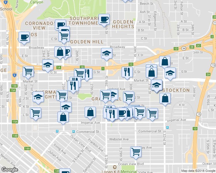 map of restaurants, bars, coffee shops, grocery stores, and more near 47 28th Street in San Diego