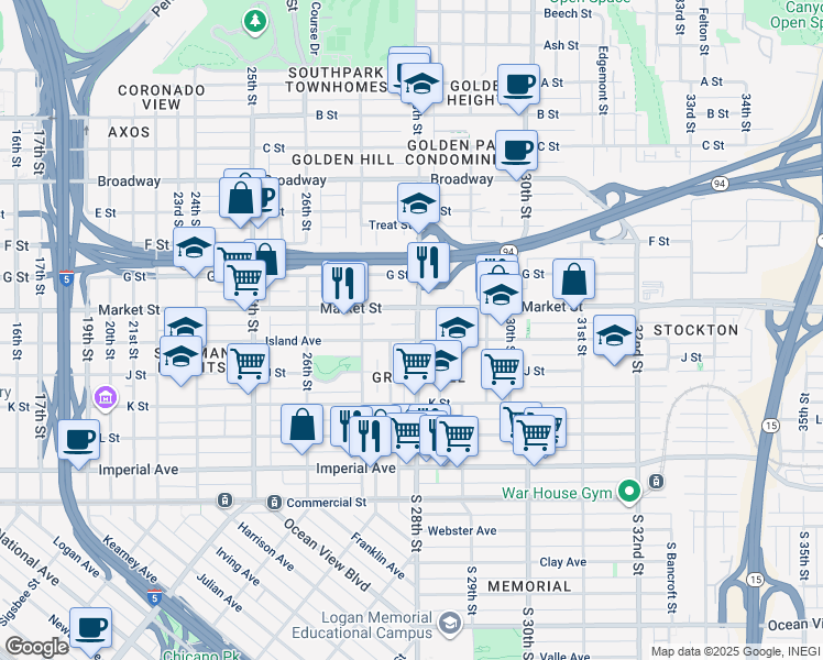 map of restaurants, bars, coffee shops, grocery stores, and more near 47 28th Street in San Diego