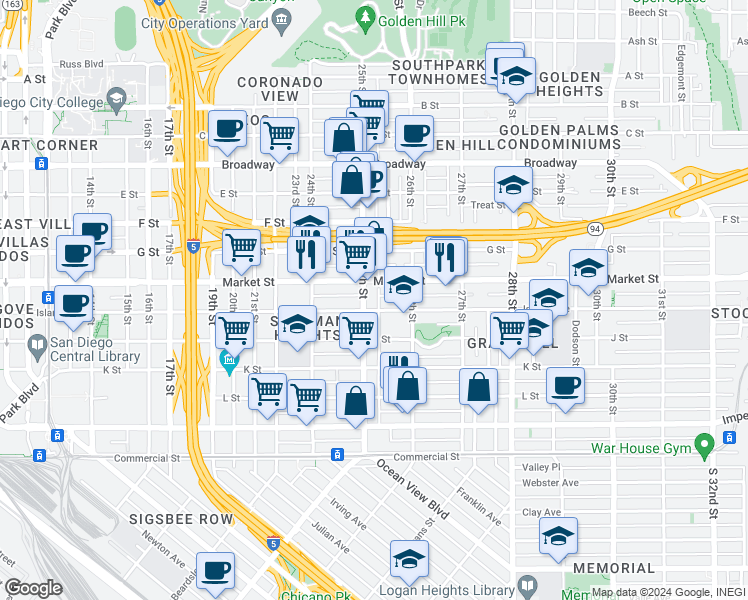 map of restaurants, bars, coffee shops, grocery stores, and more near 445 25th Street in San Diego