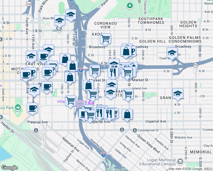 map of restaurants, bars, coffee shops, grocery stores, and more near 2200 Island Avenue in San Diego