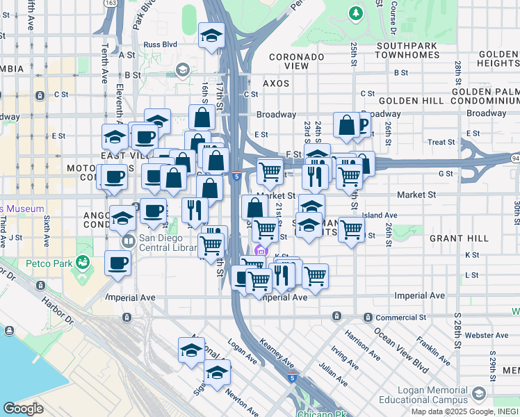 map of restaurants, bars, coffee shops, grocery stores, and more near 2017 Island Avenue in San Diego