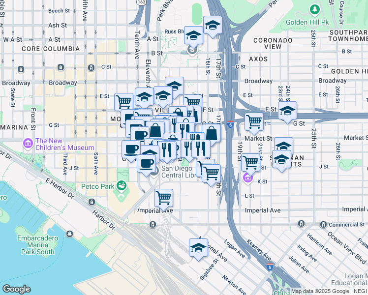 map of restaurants, bars, coffee shops, grocery stores, and more near 501 14th Street in San Diego