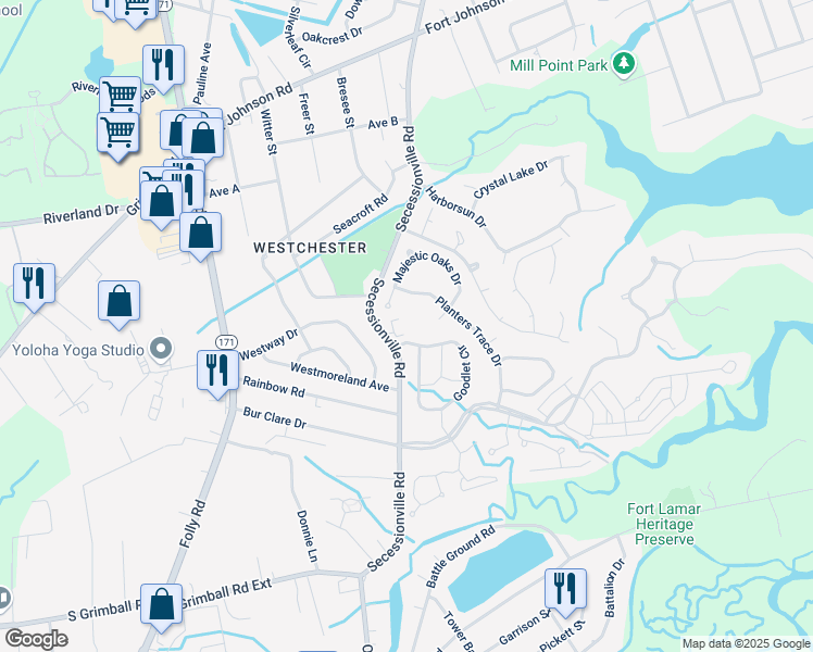 map of restaurants, bars, coffee shops, grocery stores, and more near 1501 Secessionville Road in Charleston