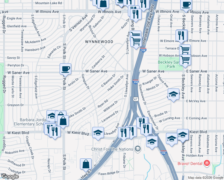 map of restaurants, bars, coffee shops, grocery stores, and more near 534 Ryan Road in Dallas