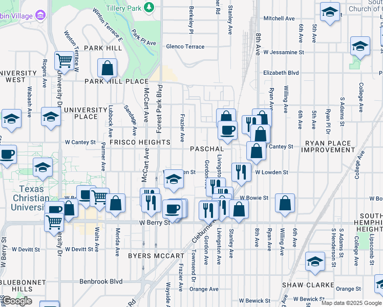 map of restaurants, bars, coffee shops, grocery stores, and more near 2821 Frazier Avenue in Fort Worth