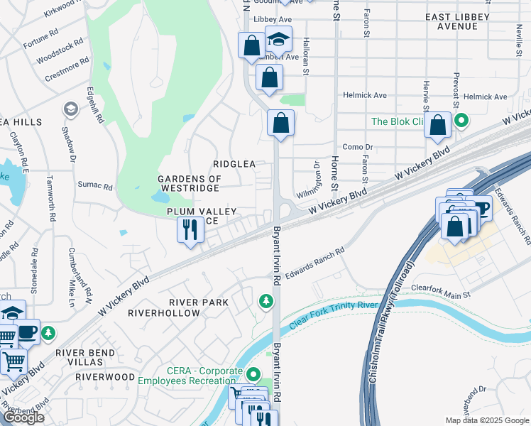 map of restaurants, bars, coffee shops, grocery stores, and more near 1005 Ridglea Lane in Fort Worth