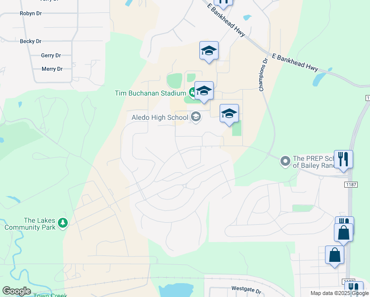 map of restaurants, bars, coffee shops, grocery stores, and more near 1008 Bailey Ranch Road in Aledo