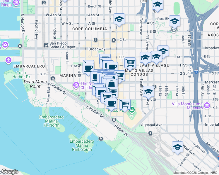 map of restaurants, bars, coffee shops, grocery stores, and more near 435 Island Avenue in San Diego