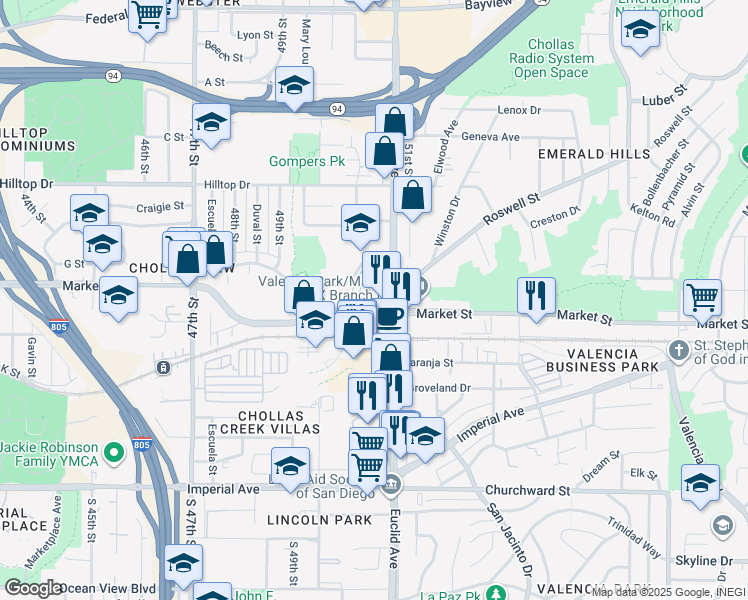 map of restaurants, bars, coffee shops, grocery stores, and more near 500 Euclid Avenue in San Diego