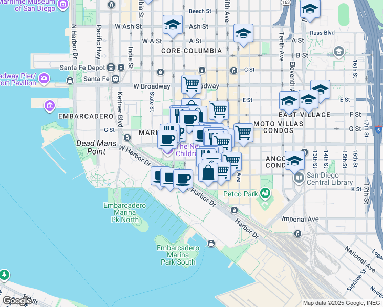 map of restaurants, bars, coffee shops, grocery stores, and more near 100 Island Avenue in San Diego