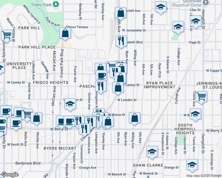 map of restaurants, bars, coffee shops, grocery stores, and more near 2826 Addison Park Lane in Fort Worth