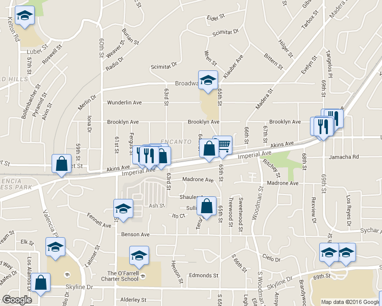 map of restaurants, bars, coffee shops, grocery stores, and more near 6396 Akins Avenue in San Diego