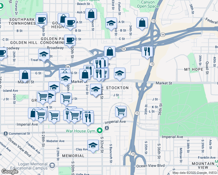 map of restaurants, bars, coffee shops, grocery stores, and more near 3225 Island Avenue in San Diego