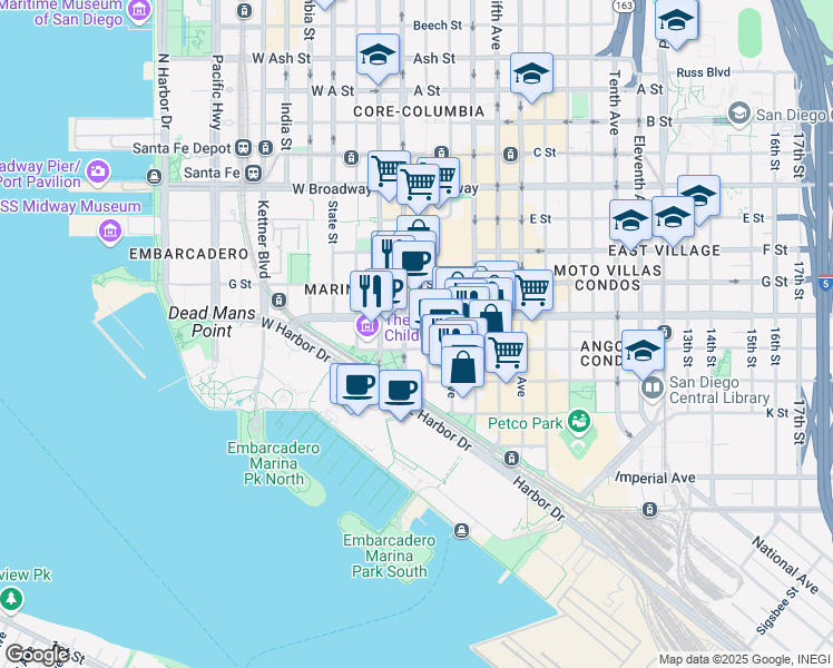 map of restaurants, bars, coffee shops, grocery stores, and more near 101 Market Street in San Diego