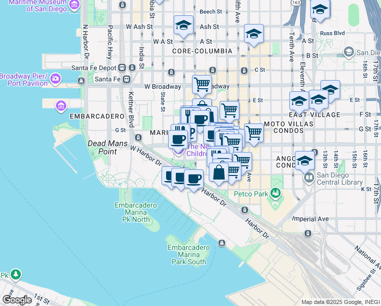 map of restaurants, bars, coffee shops, grocery stores, and more near 555 Front Street in San Diego