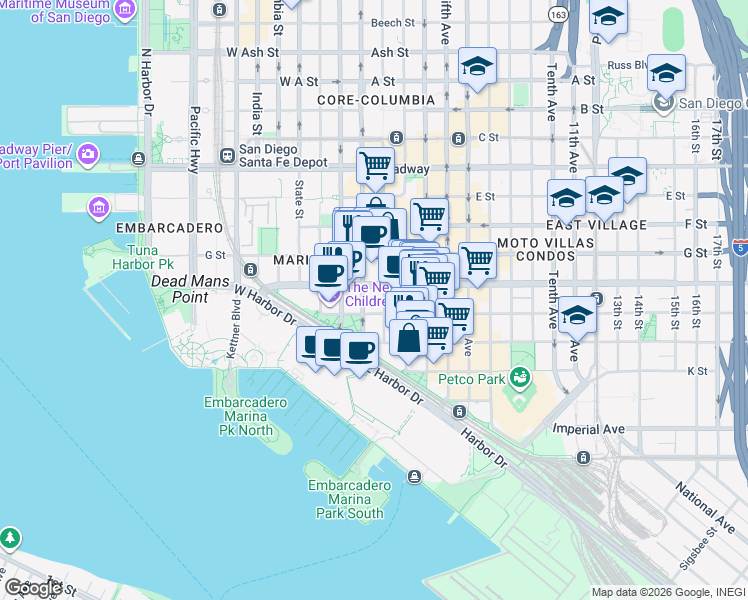 map of restaurants, bars, coffee shops, grocery stores, and more near 101 Market Street in San Diego