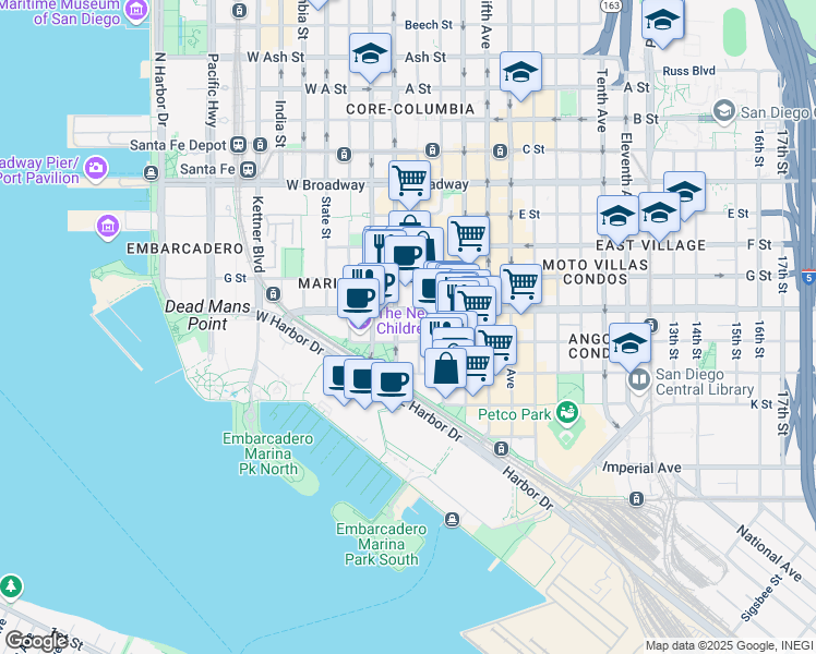 map of restaurants, bars, coffee shops, grocery stores, and more near 100 Island Avenue in San Diego