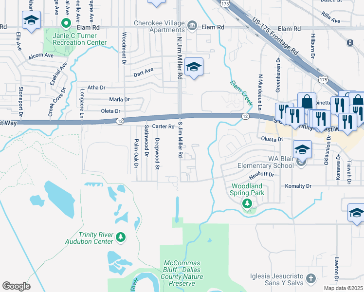 map of restaurants, bars, coffee shops, grocery stores, and more near 304 South Jim Miller Road in Dallas