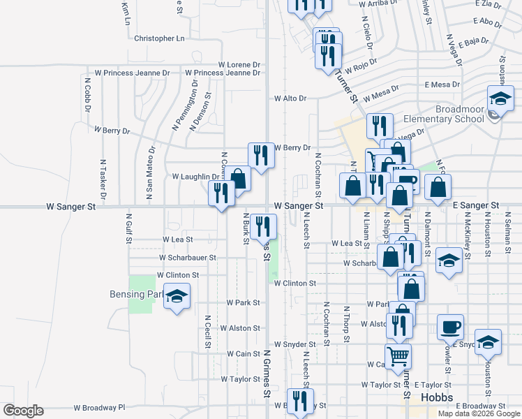 map of restaurants, bars, coffee shops, grocery stores, and more near 720-1098 N Grimes St in Hobbs