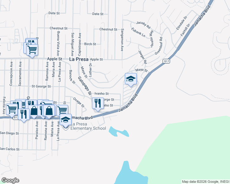 map of restaurants, bars, coffee shops, grocery stores, and more near 9853 Ivanho Street in Spring Valley