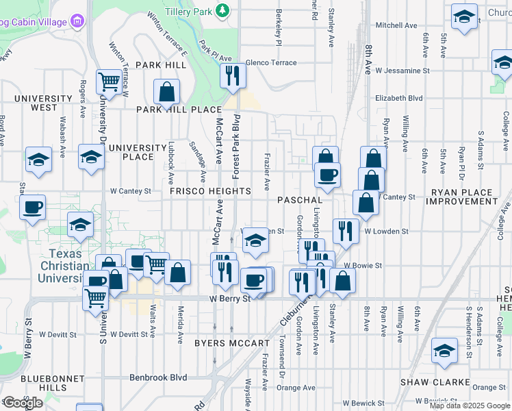 map of restaurants, bars, coffee shops, grocery stores, and more near 2805 Wayside Avenue in Fort Worth