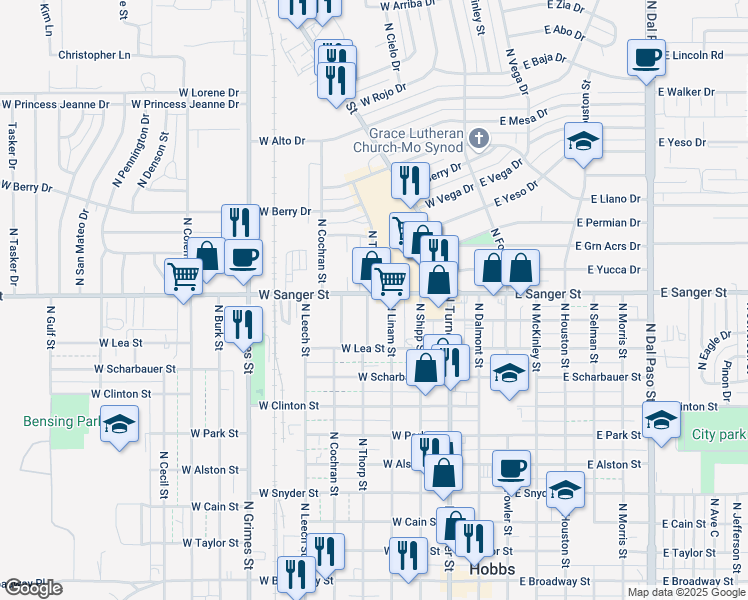 map of restaurants, bars, coffee shops, grocery stores, and more near 915 North Thorp Street in Hobbs