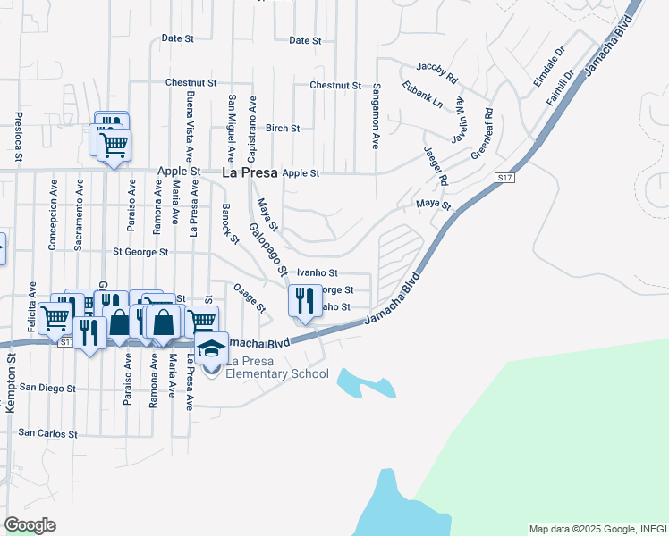 map of restaurants, bars, coffee shops, grocery stores, and more near 9805 Ivanho Street in Spring Valley