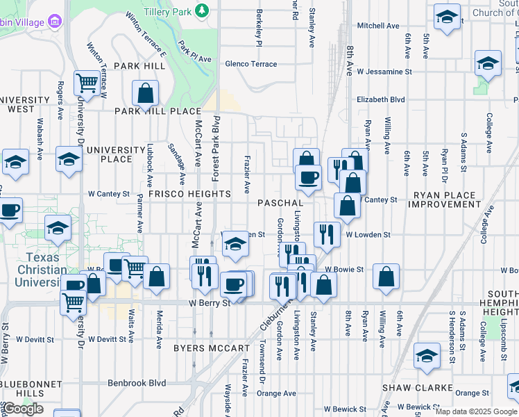 map of restaurants, bars, coffee shops, grocery stores, and more near 2821 Frazier Avenue in Fort Worth