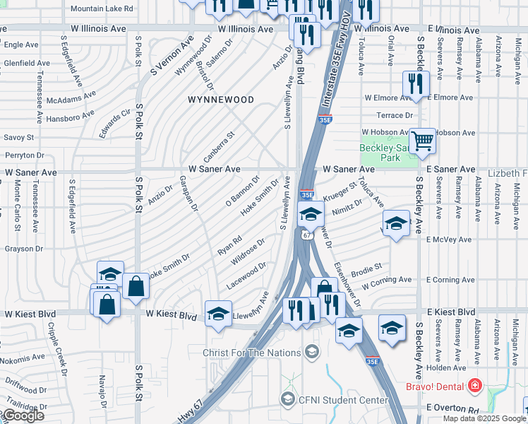 map of restaurants, bars, coffee shops, grocery stores, and more near 534 Ryan Road in Dallas