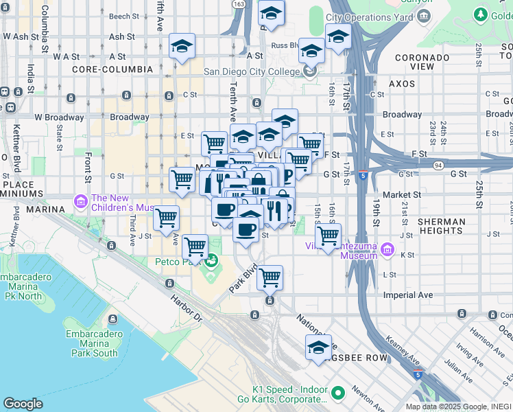 map of restaurants, bars, coffee shops, grocery stores, and more near 525 Eleventh Avenue in San Diego