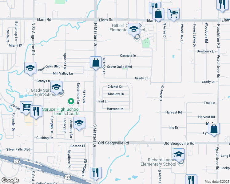 map of restaurants, bars, coffee shops, grocery stores, and more near 10341 Kinslow Drive in Dallas