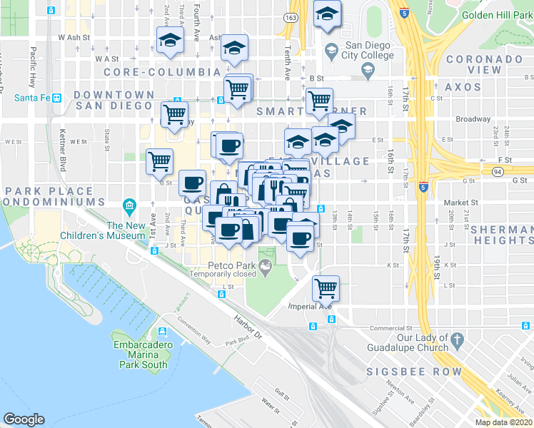 map of restaurants, bars, coffee shops, grocery stores, and more near 800 The Mark Lane in San Diego