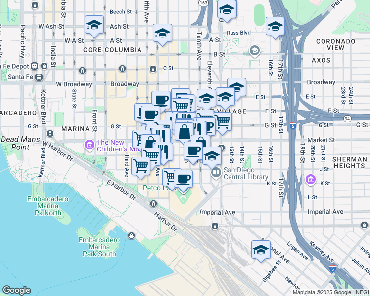 map of restaurants, bars, coffee shops, grocery stores, and more near 800 The Mark Lane in San Diego