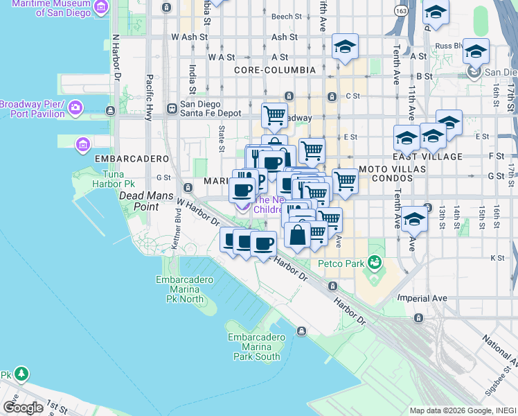 map of restaurants, bars, coffee shops, grocery stores, and more near 100 Island Avenue in San Diego