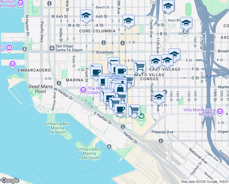 map of restaurants, bars, coffee shops, grocery stores, and more near 435 Island Avenue in San Diego