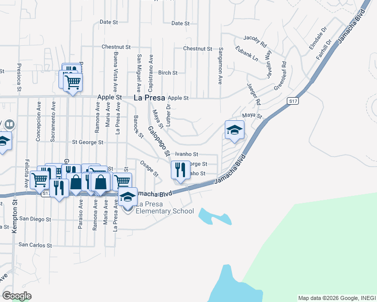 map of restaurants, bars, coffee shops, grocery stores, and more near 9805 Ivanho Street in Spring Valley