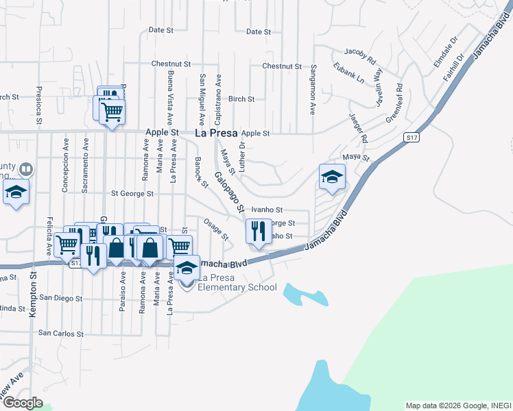 map of restaurants, bars, coffee shops, grocery stores, and more near 9727 Ivanho Street in Spring Valley