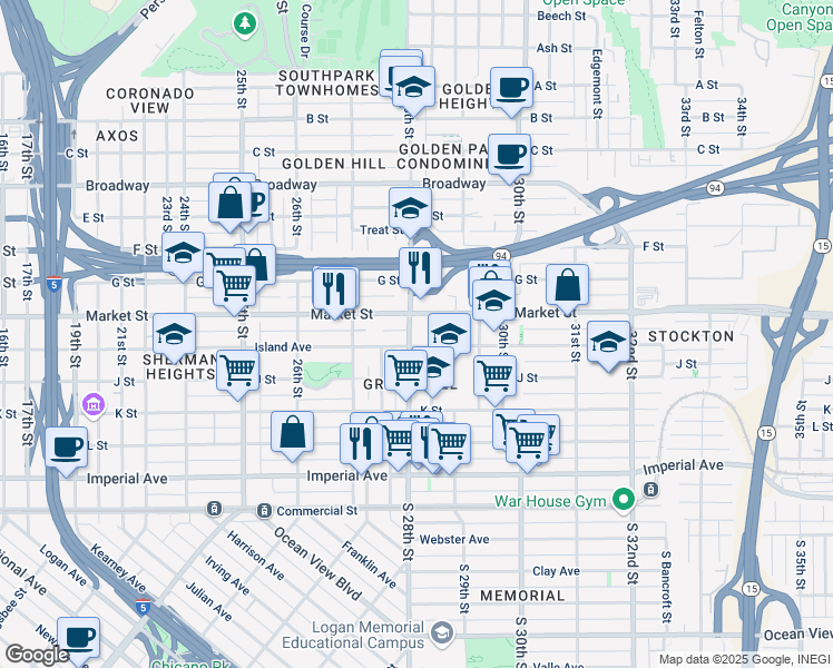 map of restaurants, bars, coffee shops, grocery stores, and more near 47 28th Street in San Diego