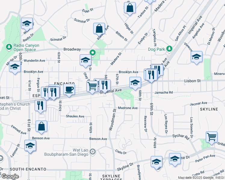 map of restaurants, bars, coffee shops, grocery stores, and more near Imperial Avenue & Woodman Street in San Diego