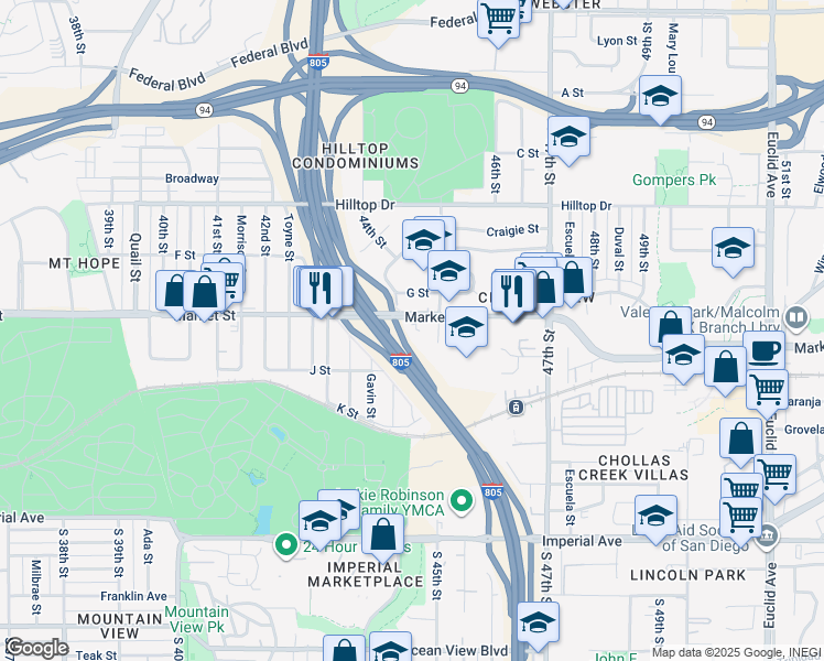 map of restaurants, bars, coffee shops, grocery stores, and more near 4455 Market Street in San Diego