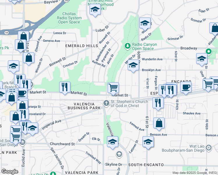 map of restaurants, bars, coffee shops, grocery stores, and more near 525 Radio Drive in San Diego
