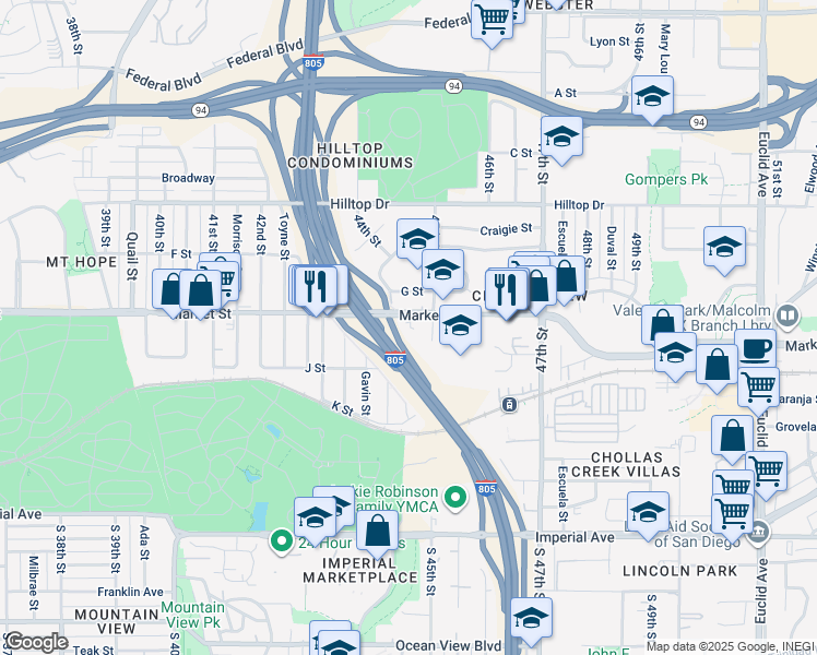 map of restaurants, bars, coffee shops, grocery stores, and more near 4455 Market Street in San Diego