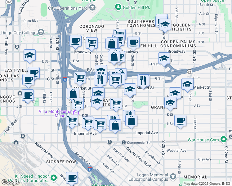 map of restaurants, bars, coffee shops, grocery stores, and more near 2462 Island Avenue in San Diego