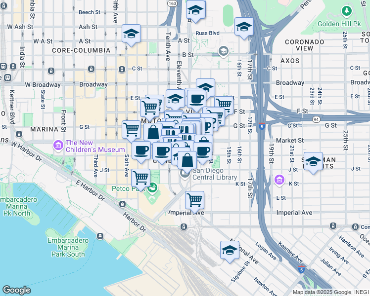 map of restaurants, bars, coffee shops, grocery stores, and more near in San Diego
