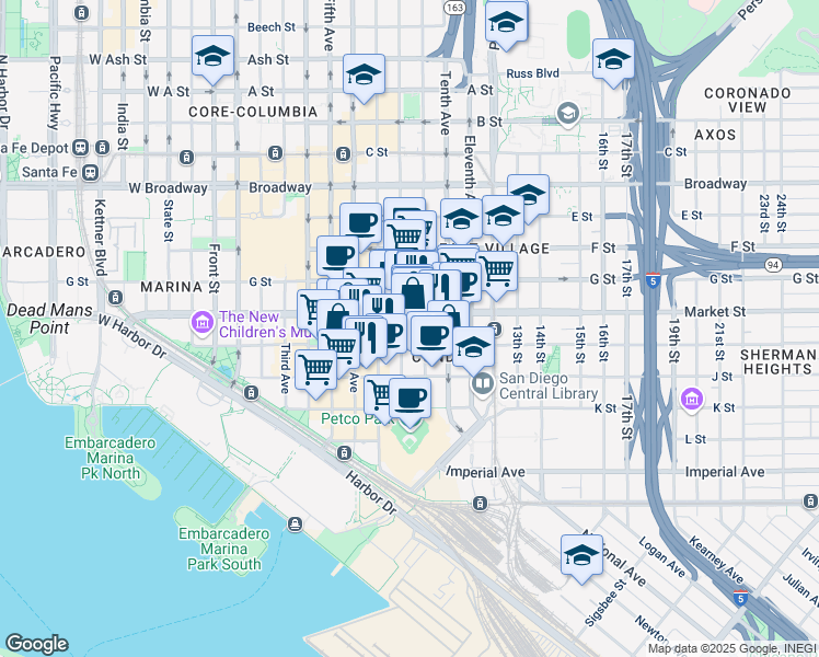 map of restaurants, bars, coffee shops, grocery stores, and more near in San Diego