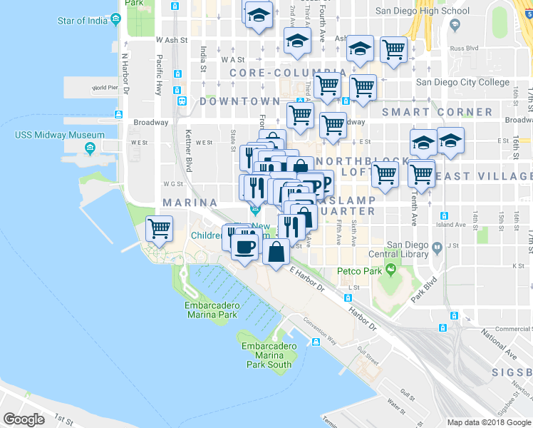 map of restaurants, bars, coffee shops, grocery stores, and more near in San Diego