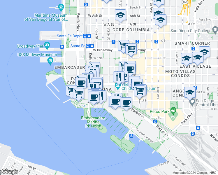 map of restaurants, bars, coffee shops, grocery stores, and more near 500 West Harbor Drive in San Diego